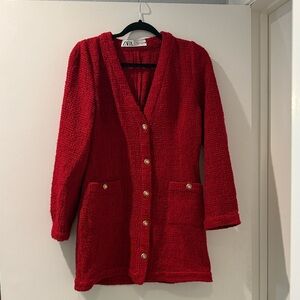 Zara Vibrant Red Knit Cardigan with Gold Accents